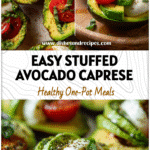 Close-up of Caprese salad served in avocado halves with mozzarella, tomato, and basil garnish.